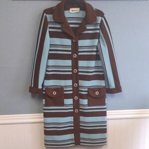 Marberni, 60's Union Made Vintage Elegant Blue/Brown Long Sleeve Dress Size 16